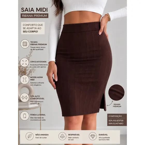 Saia Ribana Premium Midi Moda Blogueira Confortavel