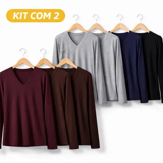 Kit 2 Blusa Visolycra Lisa Manga Longa Gola V Plus Size Basica Confortável