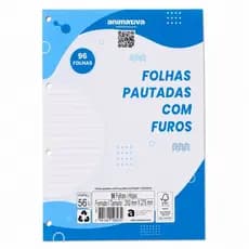 Folha de Fichário 4 Furos Pautada 96 Folhas 200 mm x 275 mm ANIMATIVA Pastas Cadernos Argolados