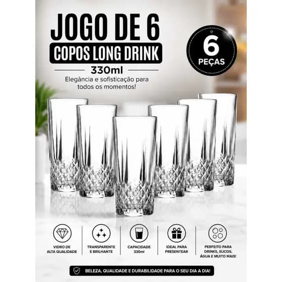 Jogo De Copos de Vidro 6 Peças Long Drink 330 ml
