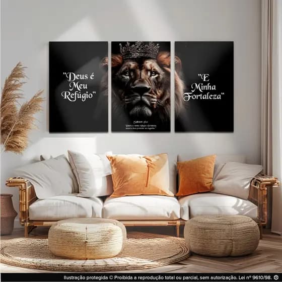plaquinhas decorativas kit 3 peças 20x30, decorativo para sala,Escritório,quarto leão rei deus e meu refugio...
