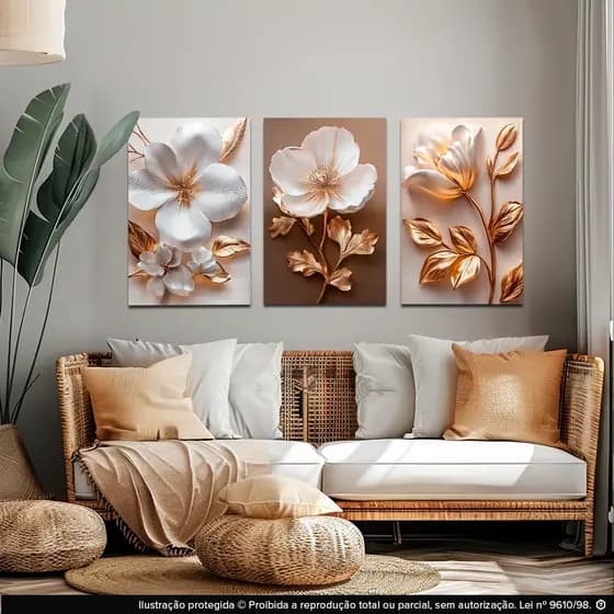 plaquinhas decorativas kit 3 peças 20x30, decorativo para sala,Escritório,quarto flor dourada