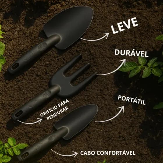 Kit Com 3 Ferramentas Jardim Plantio Adubação Hortas Jardins Verticais Vasos Decorativos Canteiros