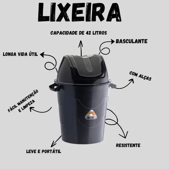 Kit 6 Lixeiras De Plástico Basculante Grande 42 Litros Reforçada Com Alça Escritório Banheiro Cozinha