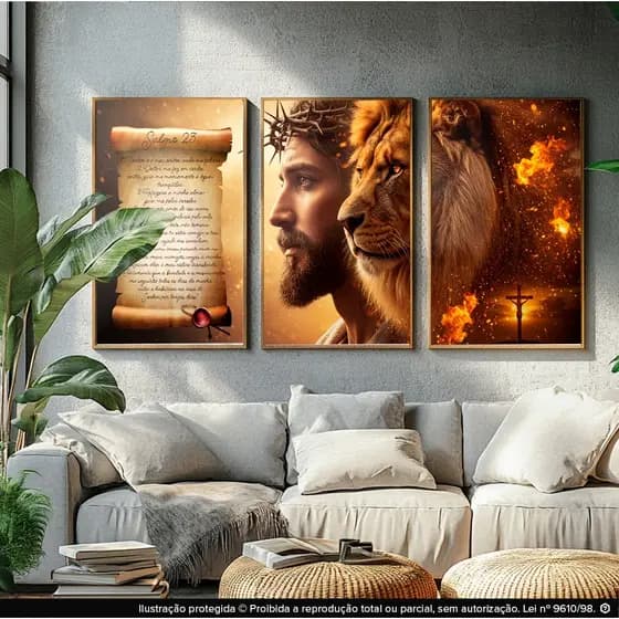 Quadros Decorativos Jesus e Leão de Judá Salmos 23 (3 peças) em MDF GRANDE 1,50x0,70 para sua sala