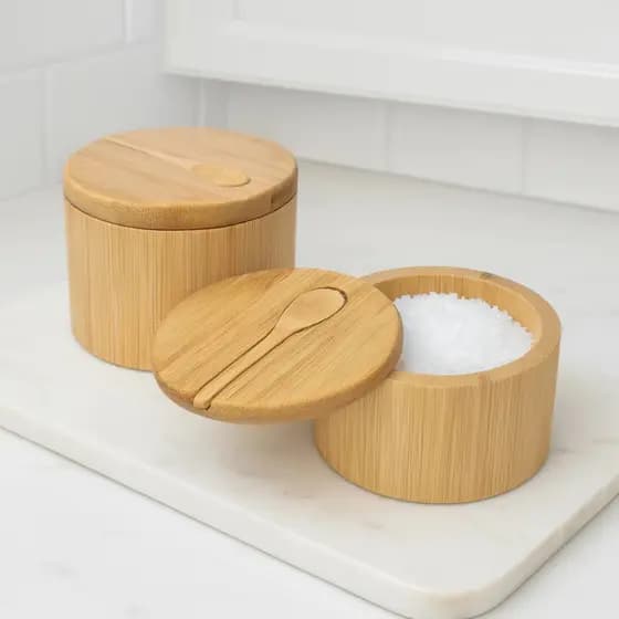 Porta Tempero de Bambu com Colher e Tampa Giratória