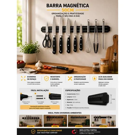 Barra Suporte Magnética Parede Porta Faca Ferramentas Organizador Utensílios Imã Faqueiro