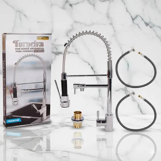 Torneira de Mesa Gourmet Cozinha Inox 51,5cm com Ducha Extensível Monocomando (quente e fria)