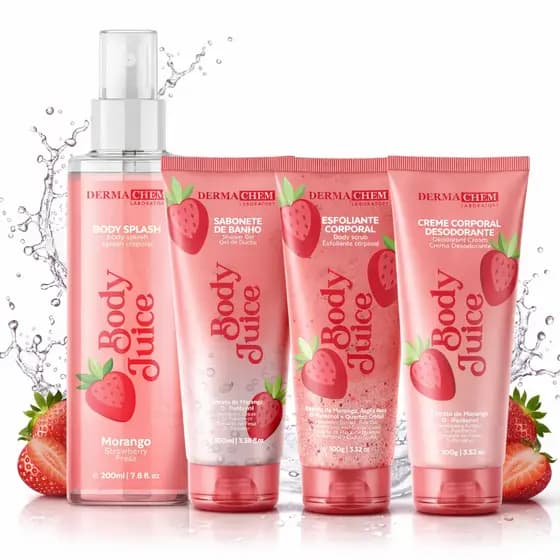 Kit Corporal Completo Body Splash Creme Sabonete e Esfoliante Morango Dermachem