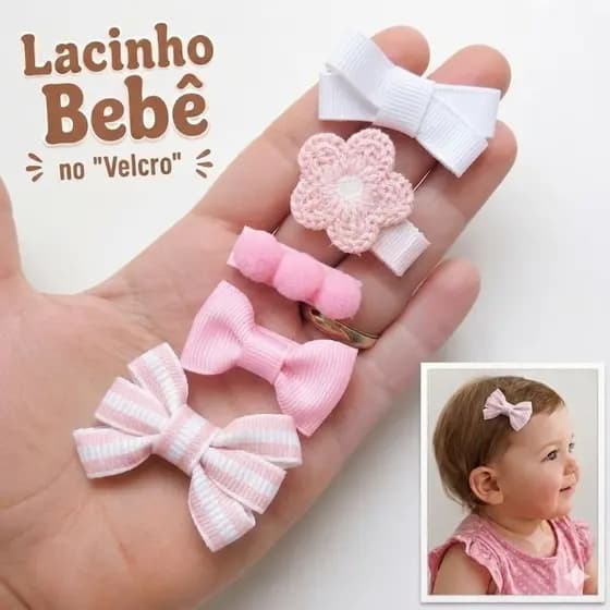 Kit com 5 Lacinhos Laços de Cabelo com Velcro Fecho de Contato para Bebês RN Maternidade