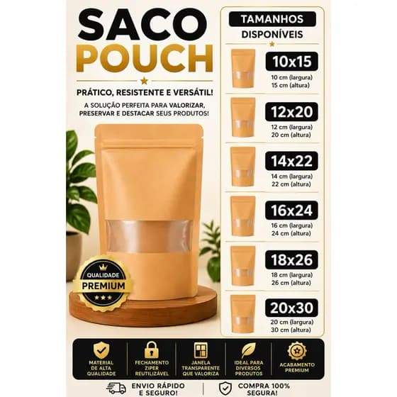 Saco Pouch Zip Kraft Com Visor Pacote Com 50