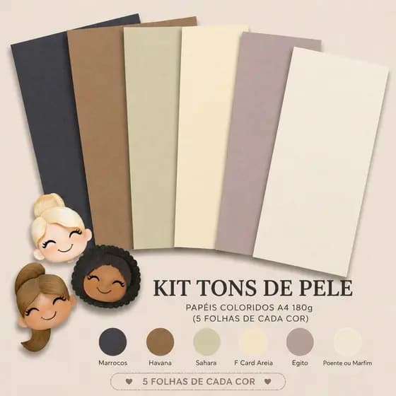 Kit Papel A4 Tons de Pele 6 Cores Papel Liso 29,7x21cm Ideal Para Artesanato, Scrapbook e Atividades Escolares
