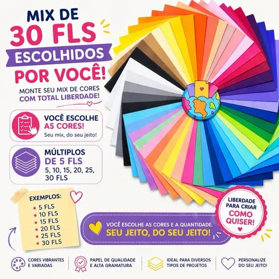 Color Plus 180g Papel Colorido A4 Pacote 30 Folhas Sortidas para Impressão e Artesanato