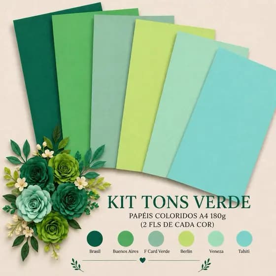 Papel Tons de Verde A4 180g Kit com Folhas Coloridas para Artesanato Scrapbook e Papelaria