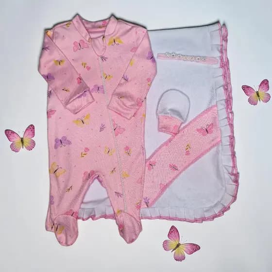 Saída Maternidade Bebê Luxo 4 Peças RN Kit Completo Algodão Macacão Manta Luva Menina Menino