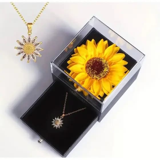 Kit colar + girassol eterno caixinha com flor caixa dia dos namorados amor