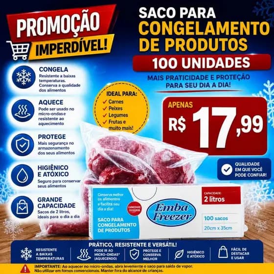 Saco Plástico Freezer Microndas 20x35cm 2L 100 Unidades Envio Imediato