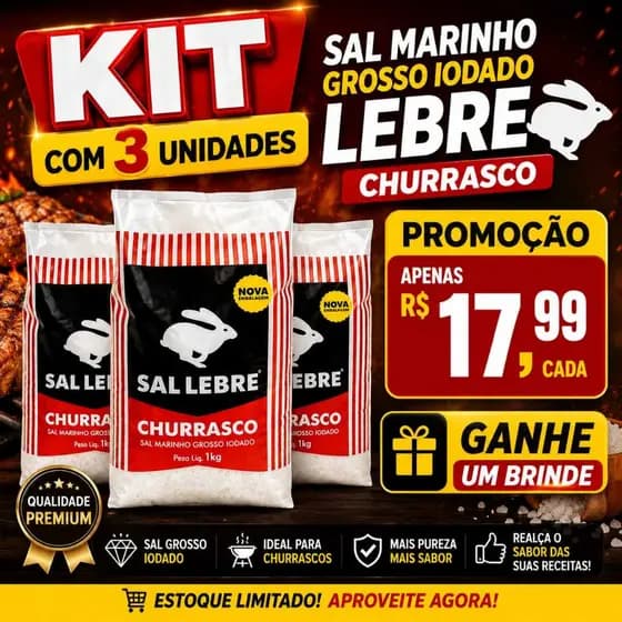 Kit 3 Pacotes de Sal para Churrasco Sal Grosso 1kg cada + Brinde Amciante de Carne