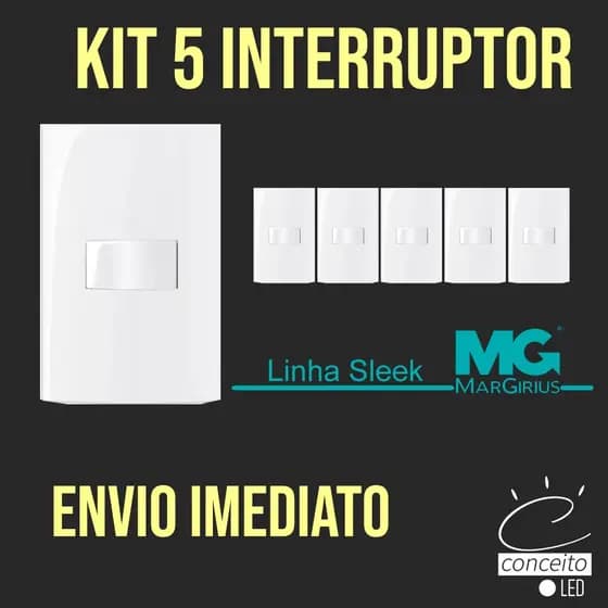 Kit 5 unidades Interruptor Simples / Paralelo - uma Tecla - Margirius Sleek Alto Brilho