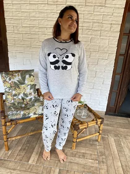 Pijama Panda Estampado Pijama De Frio Longo Feminino Confortável Manga Longa E Calça