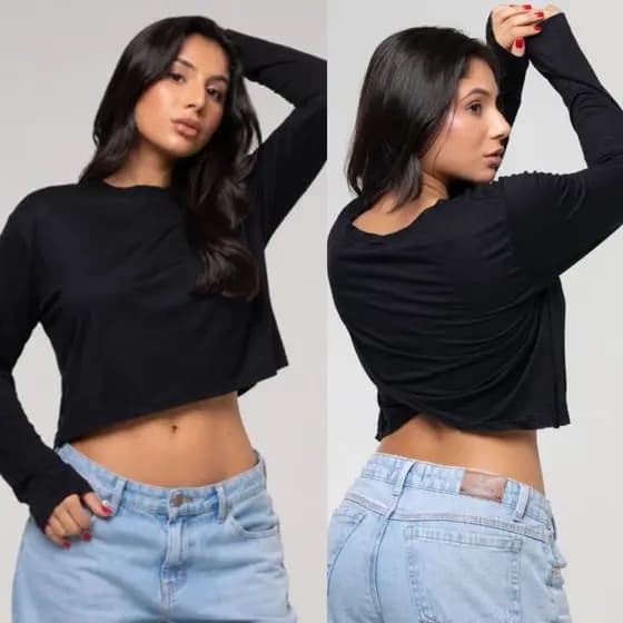 Cropped Manga Longa Blusa Cropped Feminina Manga Longa Moda Preto