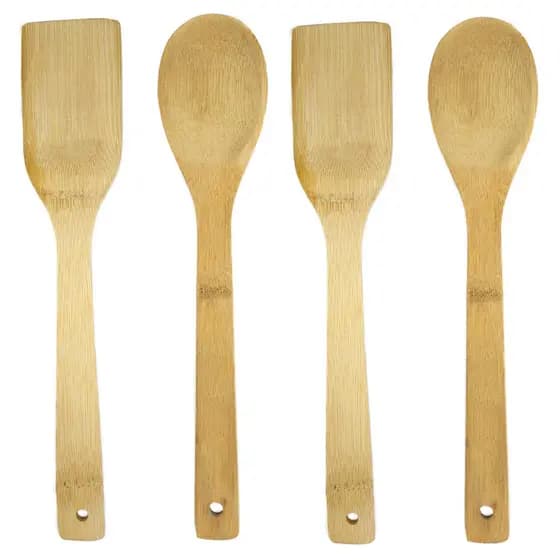 Jogo de Utensílios de Bambu 30cm Colheres e Espátulas 4 Peças