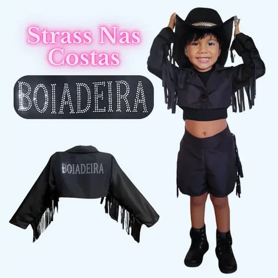 Conjunto Fantasia Boiadeira Ana Castela Menina Infantil Country Preto/Franja/Strass Rodeio Festa