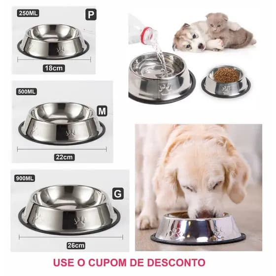 Tigela Vasilha Comedouro e Bebedouro Inox para Cães e Gatos - Resistente - 250ml a 900ml