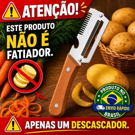 Descascador de Legumes e Frutas Inox 3 em 1 cabo de Madeira Tratada abridor de garrafa manual