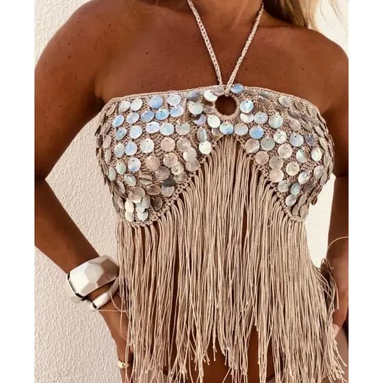 Top franja de crochê Brilhar com apliques de lantejoula