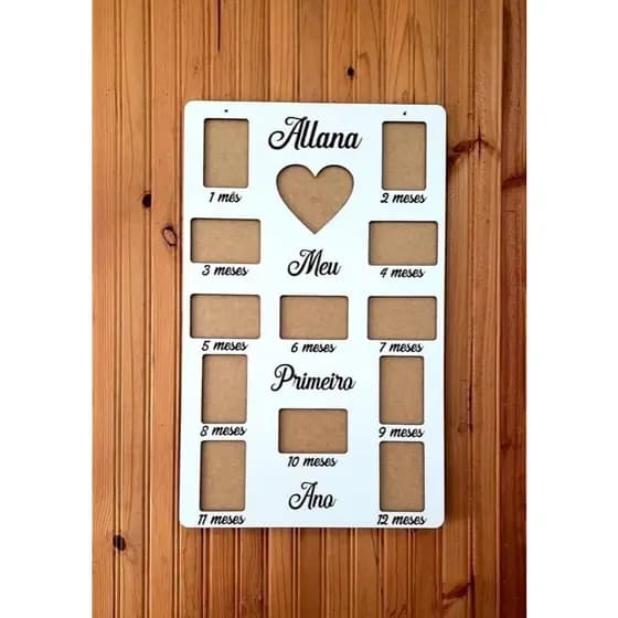 Quadro Meu Primeiro Ano Bebê MDF Personalizado | Porta Retrato 12 Meses + Coração | Decoração Quarto Personalizado MDF