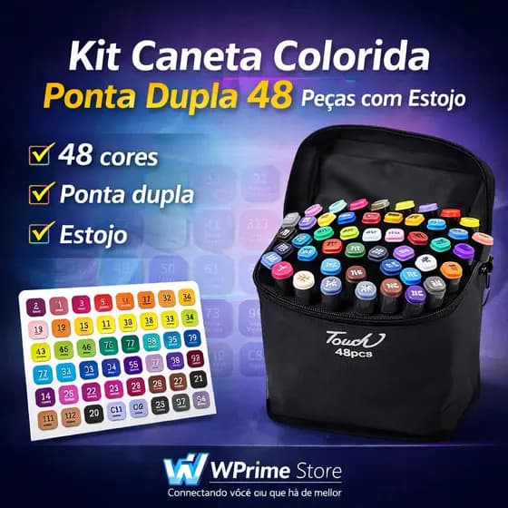 Conjunto de Caneta Colorida Ponta Dupla com Estojo (48Pçs)