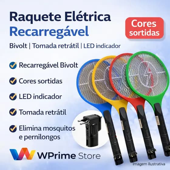 Raquete Elétrica Mata Mosquito Insetos Recarregável – Colorida e Prática