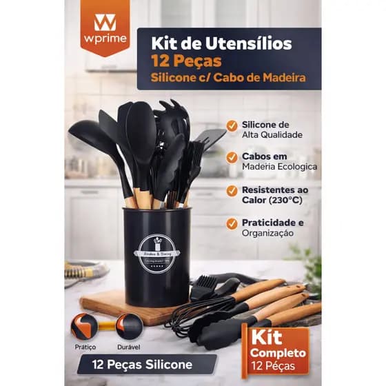 Conjunto de Utensílios de Cozinha 12 Peças - Silicone e Cabo de Madeira PRETO