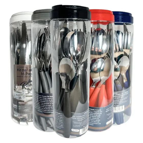 Conjunto de talheres colorido Faqueiro 16 Peças Aço Inox com Pote condimentos