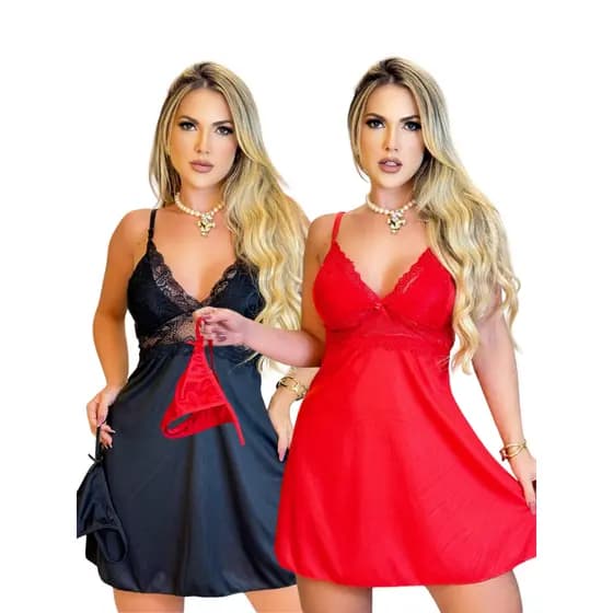 kit com 2 camisola de renda com calcinha pijama feminino roupa de dormir