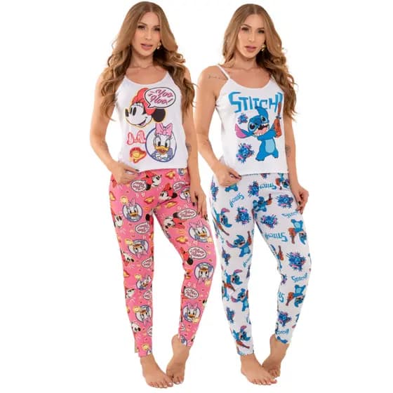 Pijama Calça e Regata de Personagens, Pijama Longo Feminino Adulto