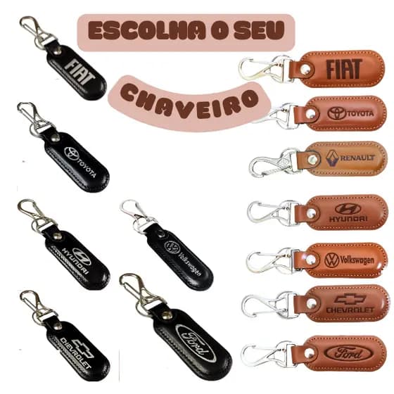 Chaveiro Mosquetão Variedade de Marcas em Couro Sintético Premium – Escolha o Seu - Marrom ou Preto