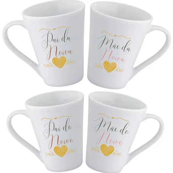 Jogo 4 Caneca Conica Personalizada Pai Mãe da Noiva Mãe Noivo Presente Casamento Madrinha Padrinho