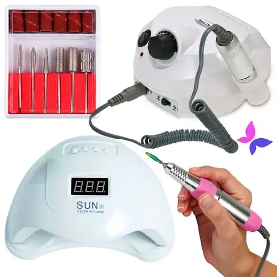 Kit Cabine Sun 5 Led Uv 48w Unha Gel + Motor Porquinho Lixa Lixadeira de Unhas Elétrica Manicure