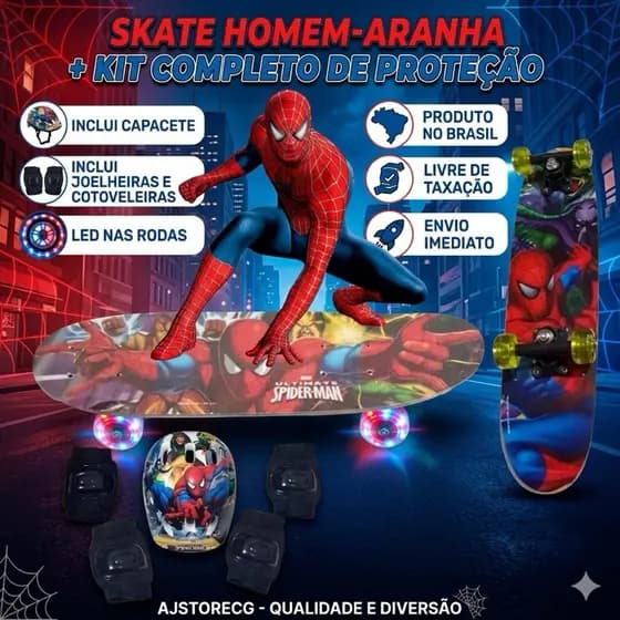 Skate Homem Aranha + Kit proteção com Rodas de Gel Com Led + Surpresa + Entrega todo Brasil