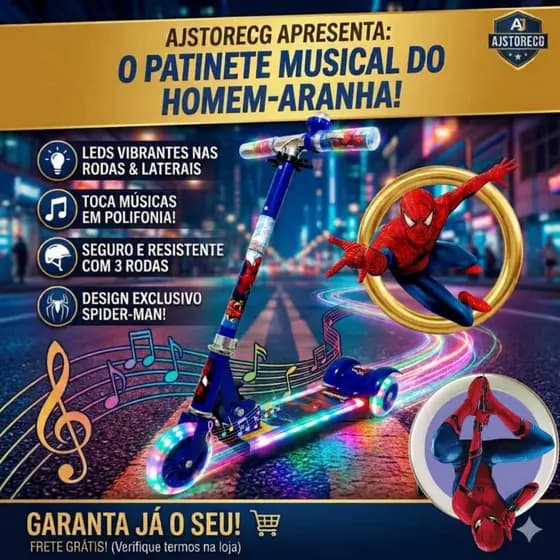 Patinete Infantil Musical de Ferro Azul Menino Homem Aranha Com Led nas Laterais e Nas Rodas Dobrável Buzina + Surpresa