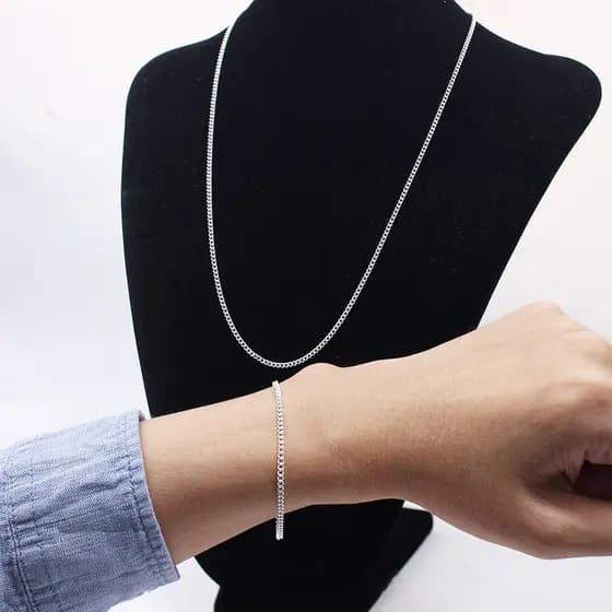 Conjunto Colar Corrente Masculina + Pulseira Banhado A Prata 925 60cm 2.5 mm