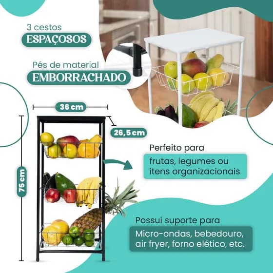 Fruteira Armário Reforçada Em Metal Com 3 Divisórias Suporte Para Microondas Galão De Água Forno