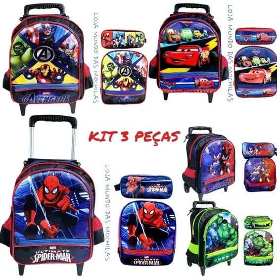 Kit Completo Escolar Infantil Creche Pequeno Com Rodinha Menino