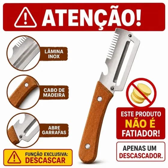 Descascador de Legumes e Frutas Inox 3 em 1 cabo de Madeira Tratada abridor de garrafa manual