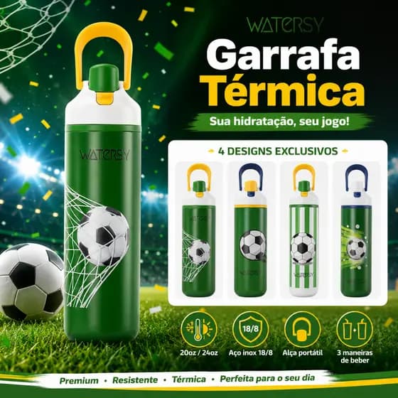 WATERSY Garrafa Térmica 600ml/720ml Futebol Verde Inox Isolada a Vácuo Boca Larga Livre de BPA
