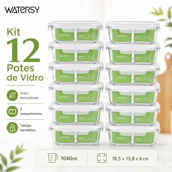 Watersy 12 Kit Potes Herméticos de Vidro com Divisórias 1040ml 4 6 10 ou 12 Peças