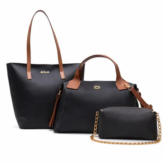 Kit Bolsa Feminina Sacola Grande + Bolsa Média + Necessaire Corrente Tiracolo