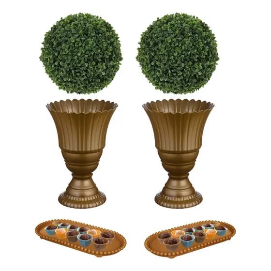 Kit Festa 2 Vaso 20cm + 2 Bandeja Decorativa Slim - Decoração de Mesa + 2 Buchinho 15cm